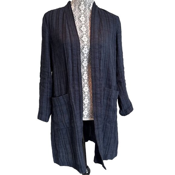 Eileen Fisher Textured Organic Linen Long Cardigan Jacket Sz Petite S Indigo - Picture 1 of 9